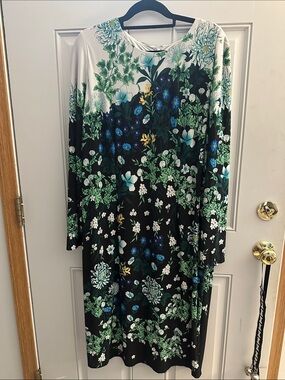 Maggy London Black Floral Long Sleeve Midi Dress with Green and Blue Accents